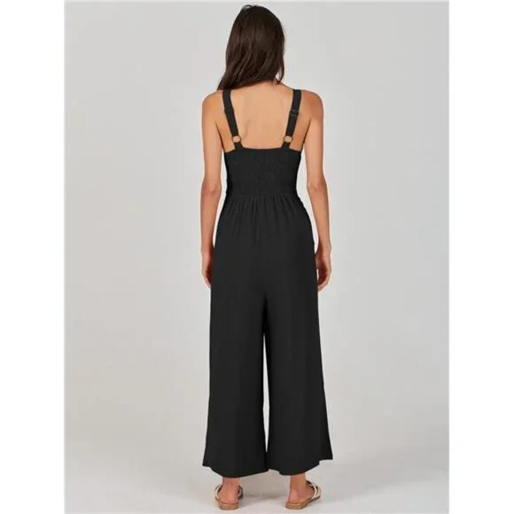 Women's Summer Wide Leg Linen Jumpsuit V Neck Sleeveless Casual Pants Romper